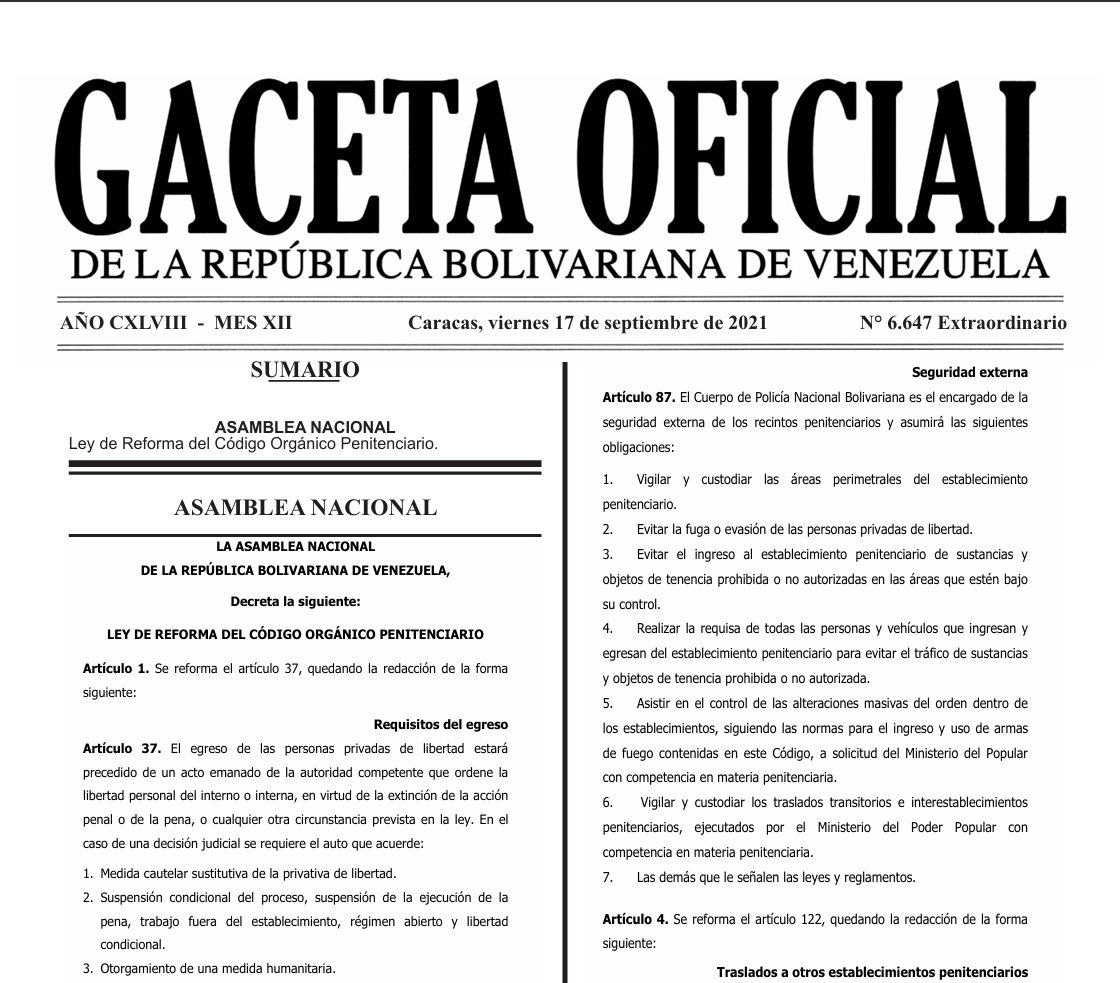 Portada de Ley De Reforma Del Código Orgánico Penitenciario